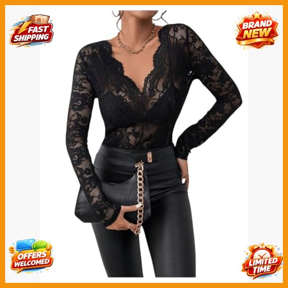 Floral Embroidery Mesh Lace V-Neck Long Sleeve Blouse Sheer Top - Picture 3 of 6